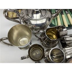 Silver plated four piece tea service, comprising teapot, coffee pot, open sucrier and milk jug, together with card case embossed with animals, flatware etc, 