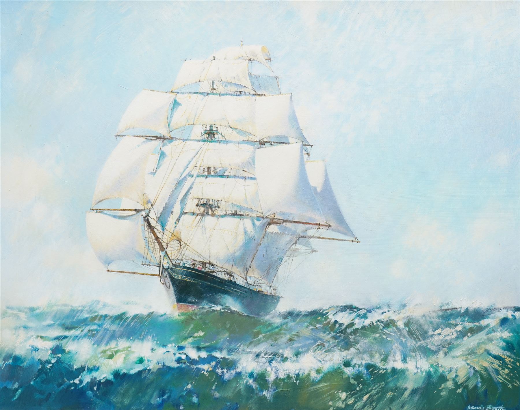 Dennis Booth (Northern British 20th century): 'High Seas Idyll - Cutty Sark', oil on board signed, titled verso 50cm x 63cm 