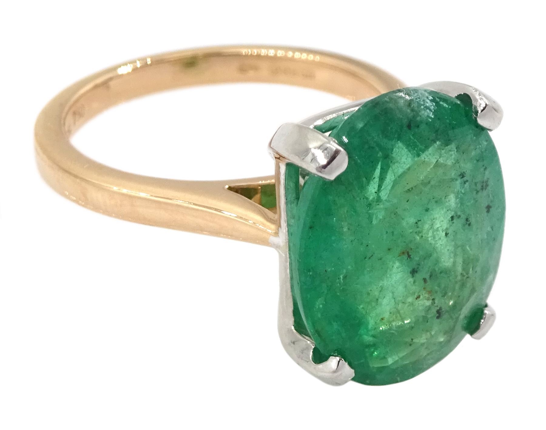 18ct rose gold and platinum single stone oval cut emerald ring, hallmarked, emerald approx 6.60 carat