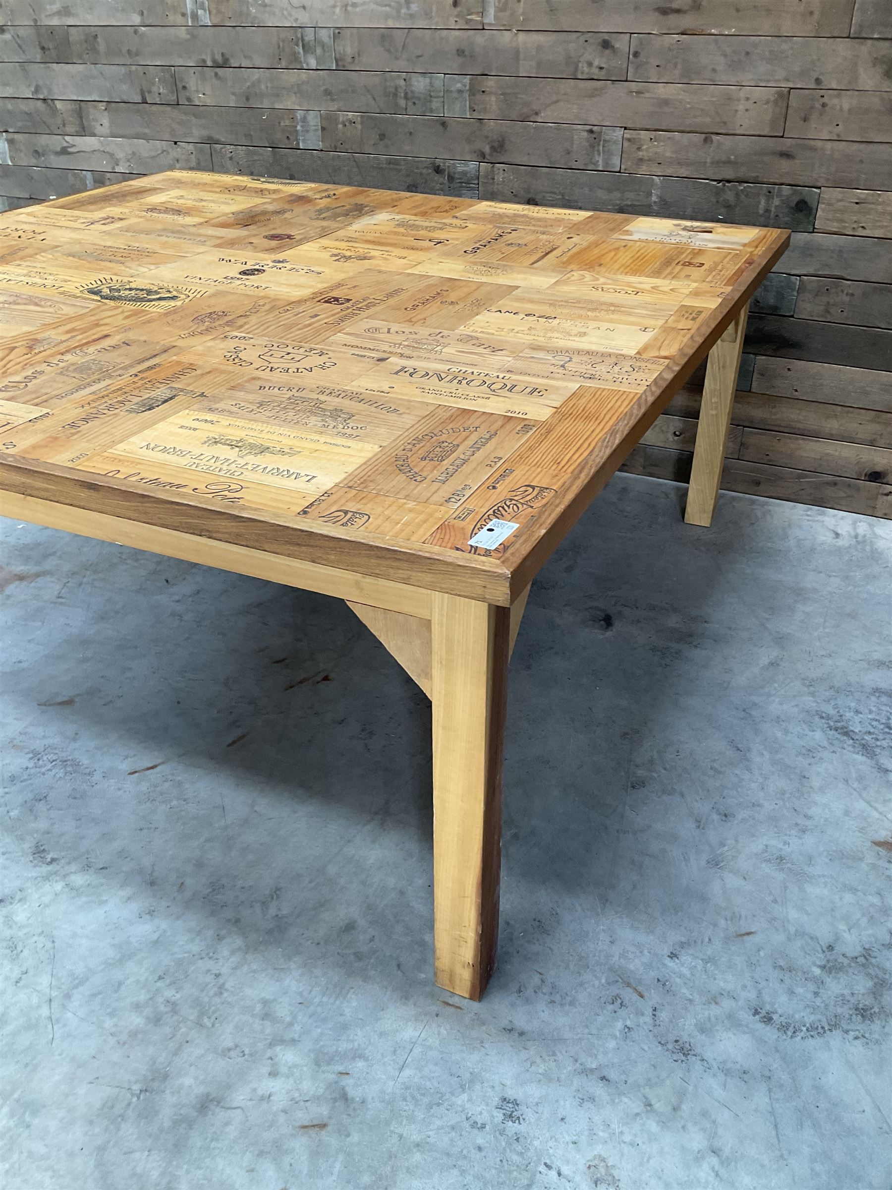 Square centre dining centre table, parquetry wine crate top with oak edging, on beech legs