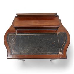 Edwardian mahogany writing desk, raised hinged compartment fitted with divisions, shaped and moulded top with leather inset, fitted with single drawer, on fluted square tapering supports with spade feet