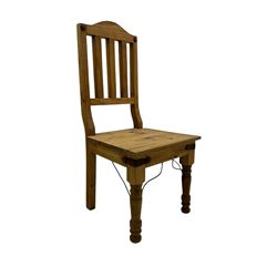 Set of six waxed pine dining chairs, shaped cresting over vertical slat back, plank seat on turned front supports 