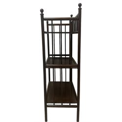 Arts and Crafts stained beech three tier etagere, three-quarter raised gallery back with bamboo style spindles