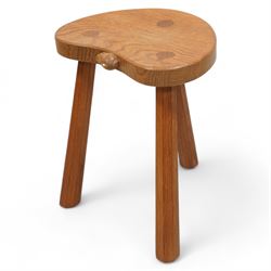 Rabbitman -  oak milking stool, dished kidney shaped top, on three tapered octagonal suppo...