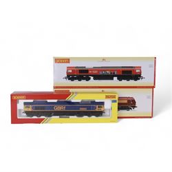 Three Hornby '00' gauge locomotives, comprising R30074 Class 66 Co-Co D8 Cargo UK Delivering For Our Key Workers no. 66113, R3481 Class 67 EWS Western Star no. 67025 and R3760 Class 59 Co-Co Yeoman Highlander no. 59003, all boxed 