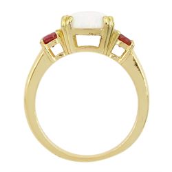 Silver-gilt three stone opal and garnet ring, stamped 925