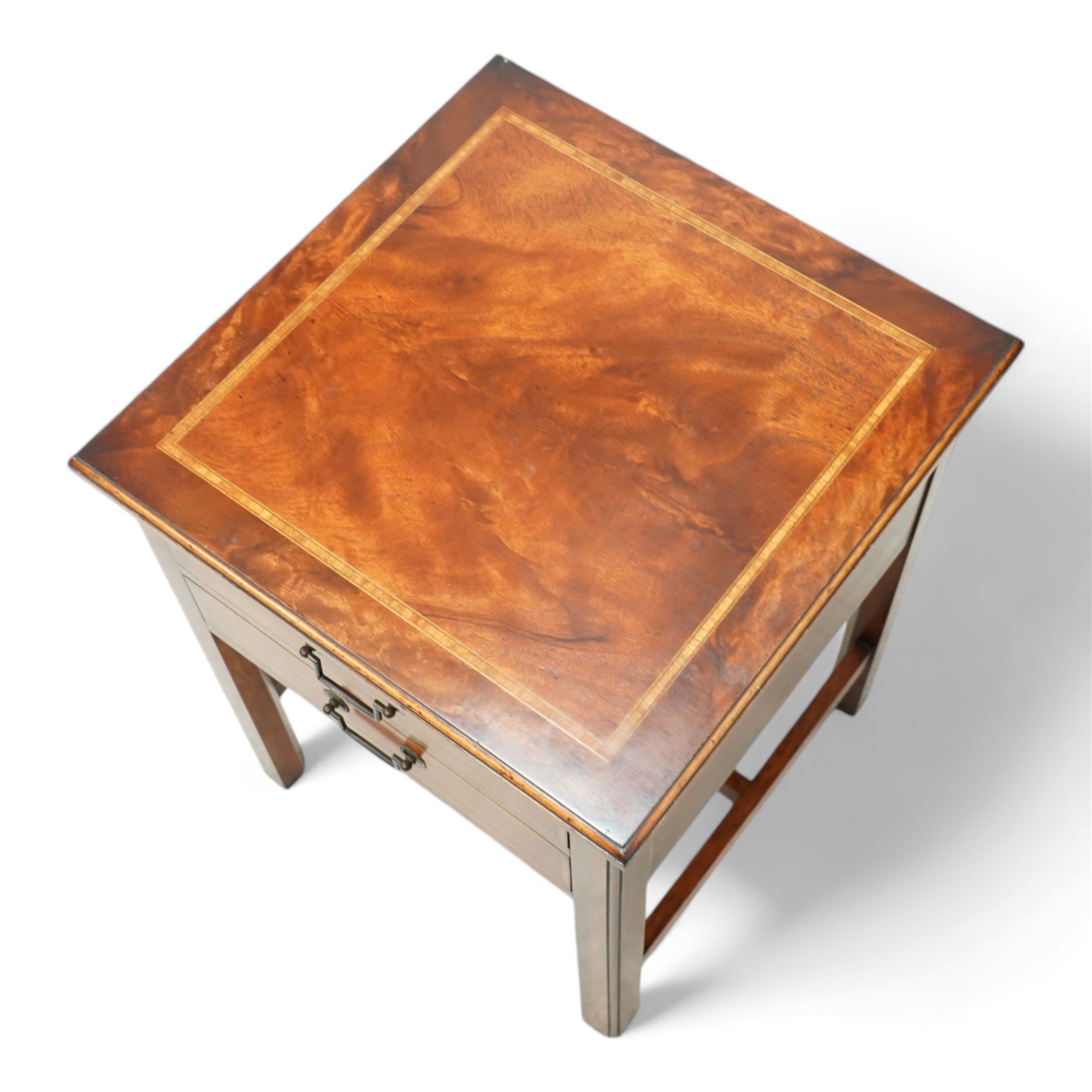 Georgian design mahogany bedside lamp table, square moulded top over two drawers, on square moulded supports united by H stretchers 