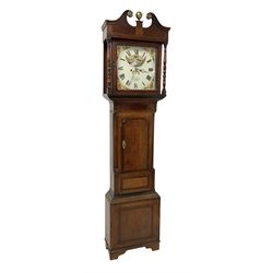 Taylor of Liverpool - mid 19th century 8-day Oak and Mahogany longcase clock with a swans necked pediment and brass ball finial, with a square hood door beneath flanked by turned pilasters, trunk with a short crossbanded door and raised panel on a square plinth raised on bracket feet, painted dial with matching geometric spandrels including depictions of conche shells, Roman numerals, makers name, axe moon disc and calendar aperture, dial pinned via a false plate to a rack striking movement, striking the hours on a bell. With weights and pendulum.