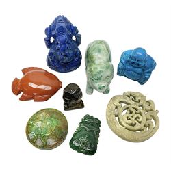 Carved Lapis lazuli figure in the form of Ganesha, together with turquoise carved buddha, tigers eye owl and other carved figures and plaques, Ganesha 8cm