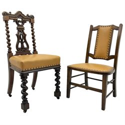 Early 19th century mahogany side chair, the shaped cresting rail with scroll carved ears over shaped and pierced splat with scrolling decoration, enclosed by spiral turned supports, leather upholstered seat, on spiral turned front supports (W45cm); 20th century stained beech framed chair (2)