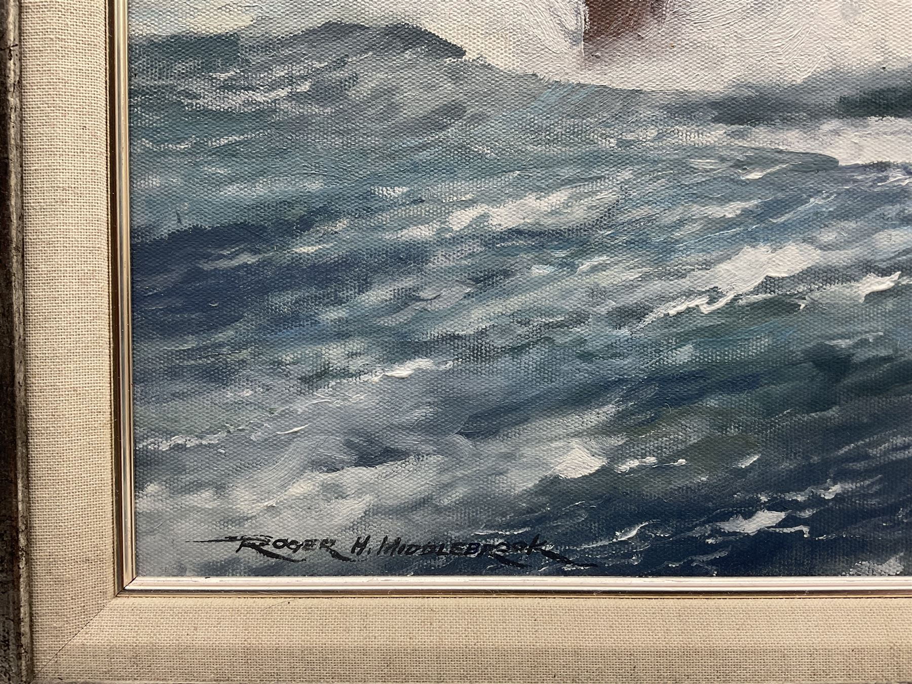 Roger H Middlebrook (British 1929 -): 'HMS Hood in Heavy Seas in the Atlantic', oil on board signed, titled verso 49cm x 74cm 