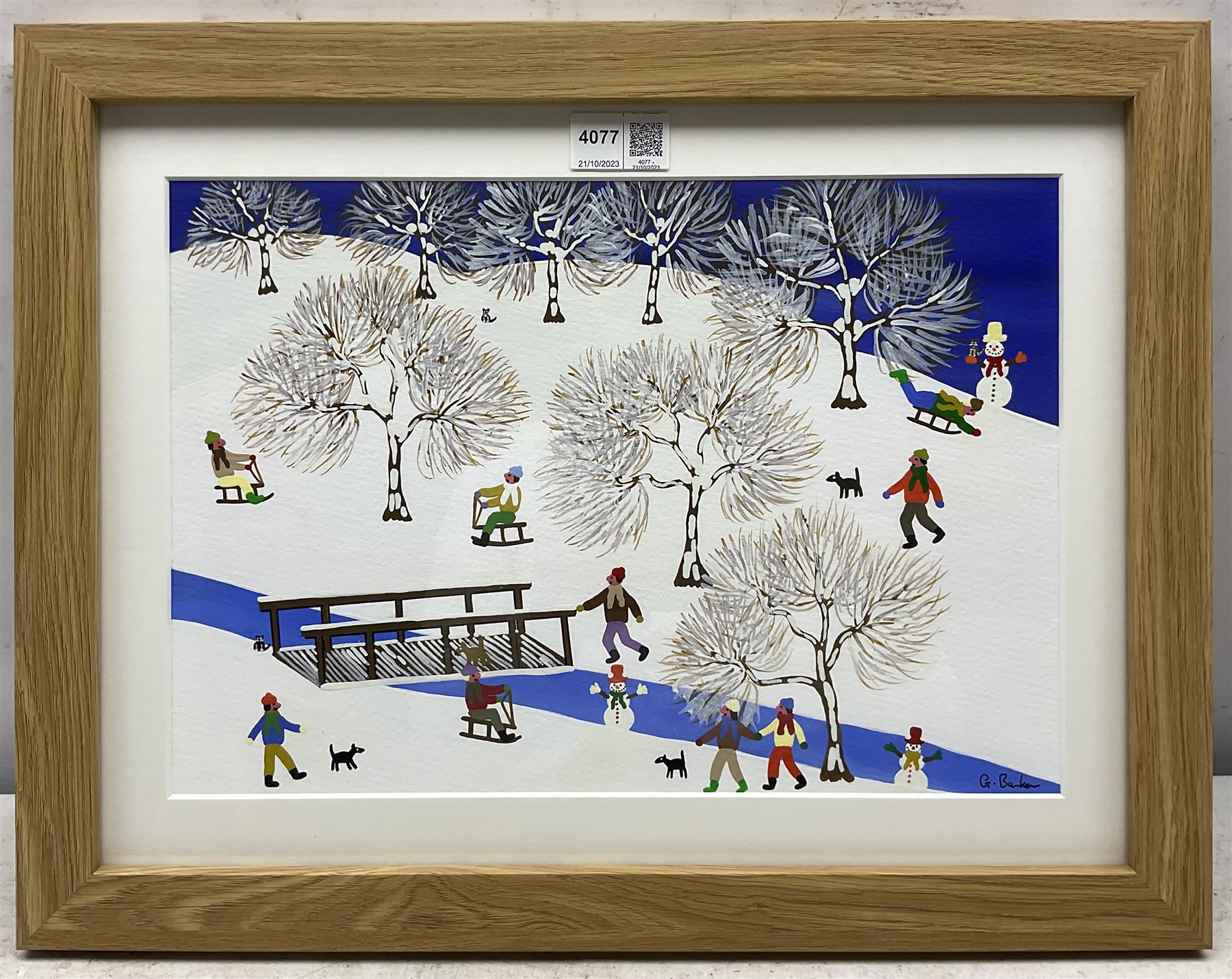 Gordon Barker (British 1960-): Sledging by the River, acrylic on paper signed 24cm x 34cm