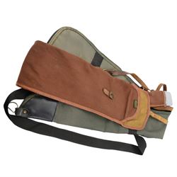 Brown leather cartridge bag on a canvas strap, together with Parker-Hale gun cleaning kit, leather cartridge case and other gun related items