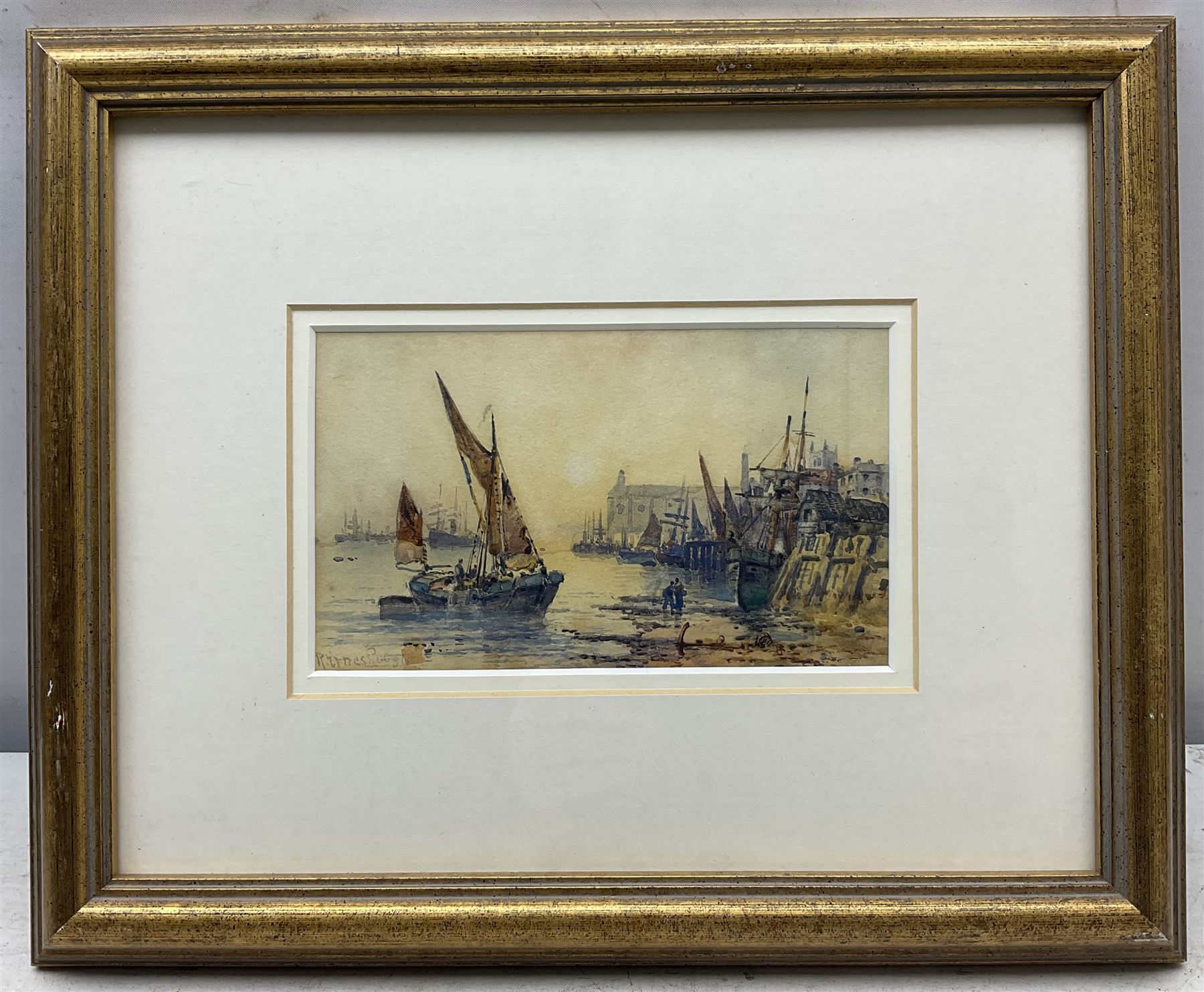 Robert Ernest Roe (British 1852-c1921): Boats in a Harbour, watercolour signed and dated '86, 9.5cm x 17cm