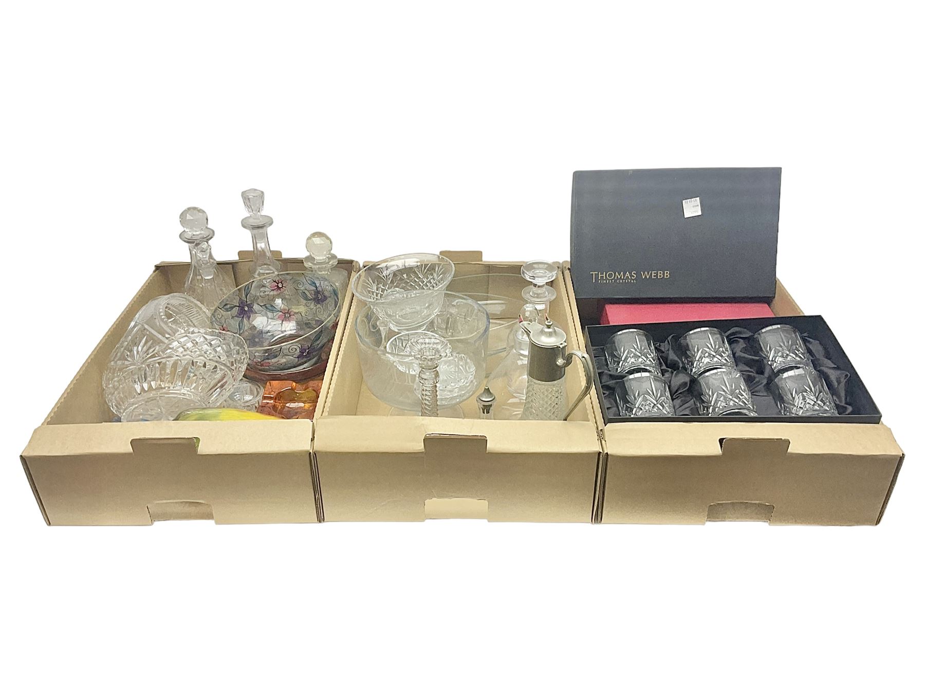 Set of six Royal Scot whisky tumblers, together with cased set of Thomas Wedd glasses, decanters and other glassware, in three boxes 