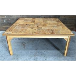 Square centre dining centre table, parquetry wine crate top with oak edging, on beech legs