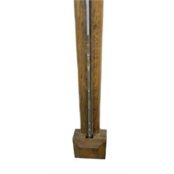 Replica 18th century mercury stick barometer, with a plain concave shaped top and square cistern cover, fully exposed cistern tube and engraved brass register with predictions, spirit thermometer recording the temperature in degrees Fahrenheit.