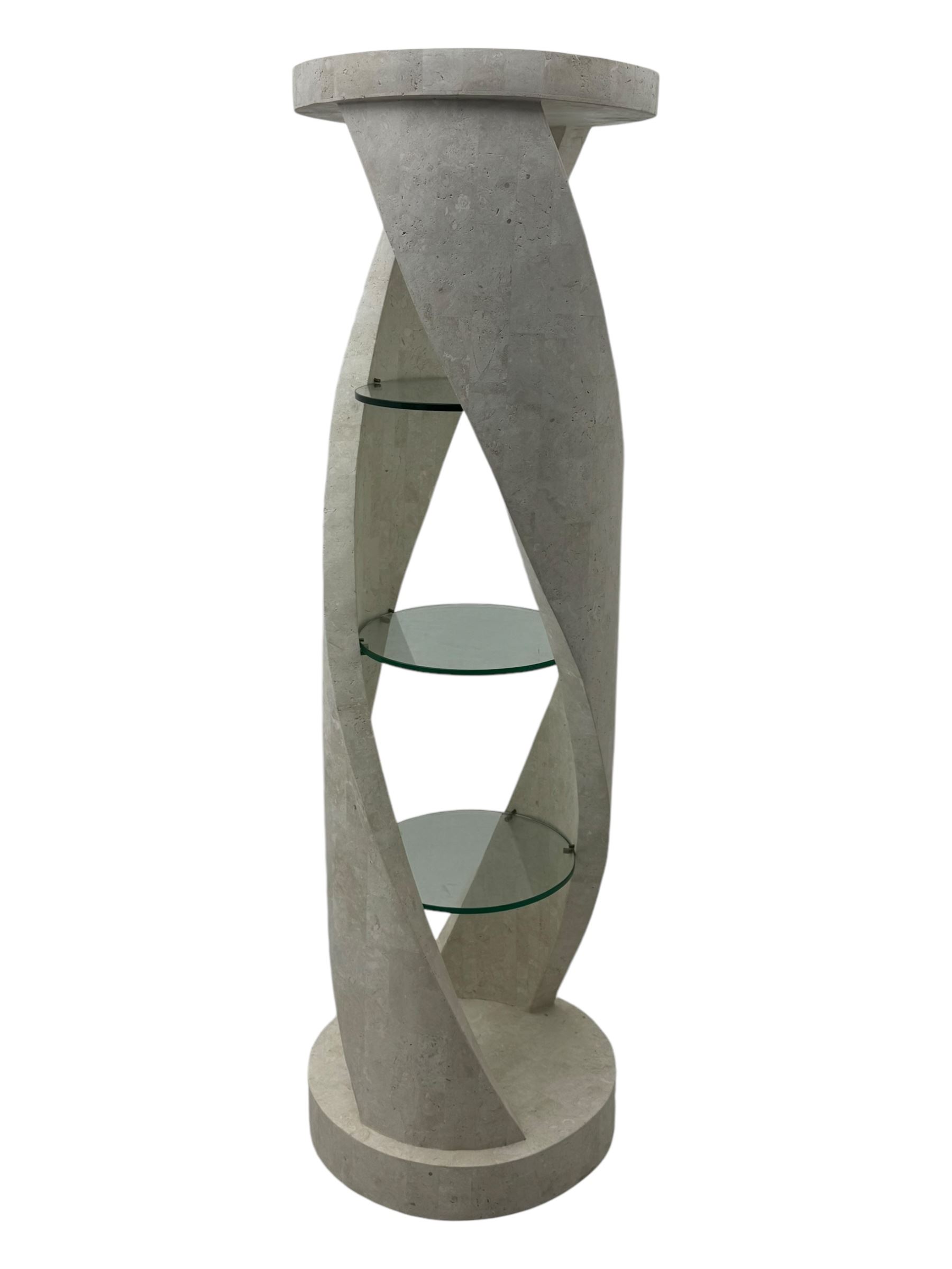 Composite stone display stand, circular twist form, fitted with three glass shelves