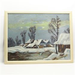 Czech School (Mid-20th Century): Snow Settling on the Village, oil on board indistinctly signed and dated 1975, 58cm x 77cm 