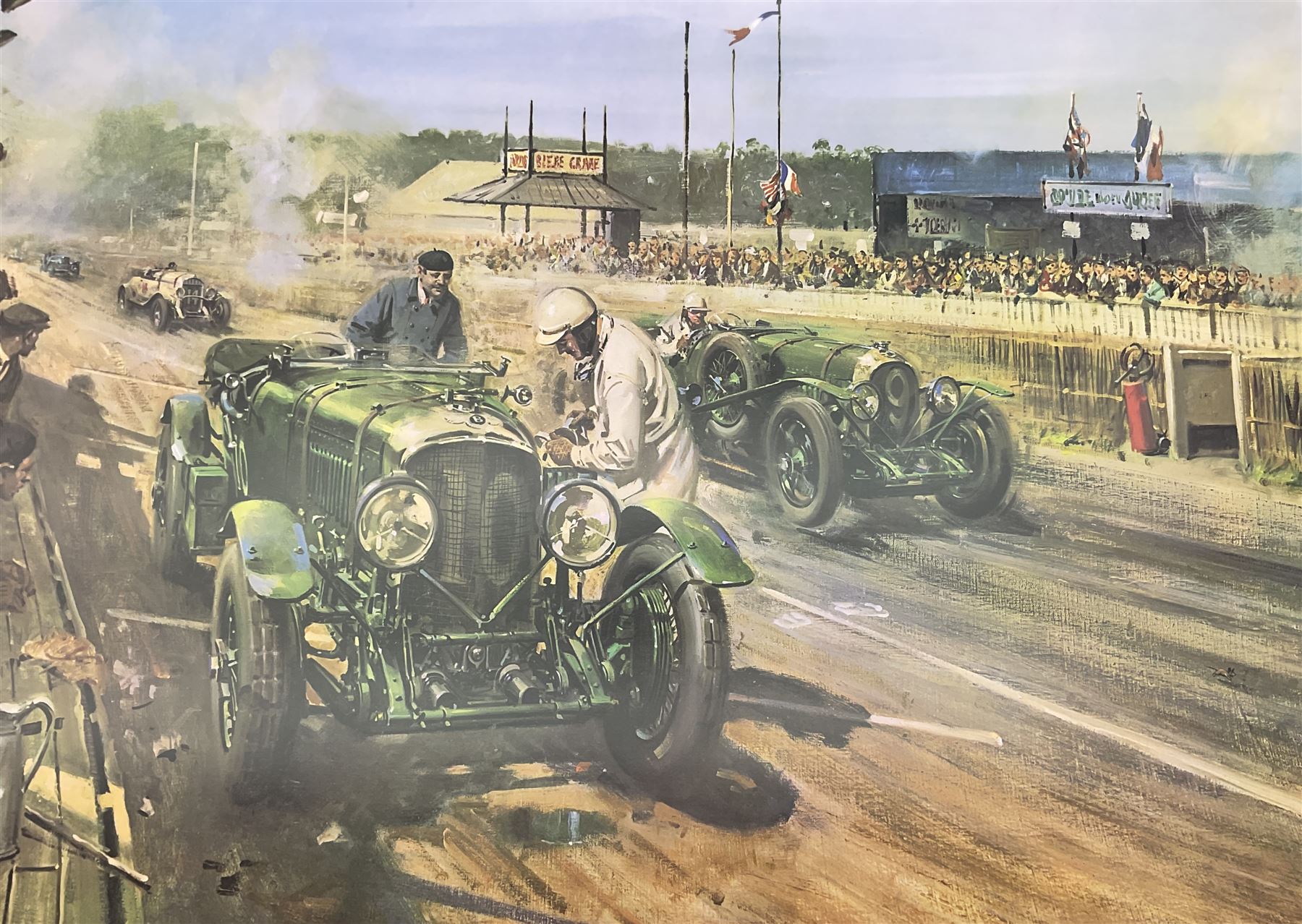 Terence Cuneo (British 1907-1996): 'The Deputy's Deputy', 'Bentley at Le Mans 1929', 'Bentley v Blue Train', and 'Evening Star', four limited edition prints, the first signed in pencil, max 71cm x 91cm (4) (unframed)