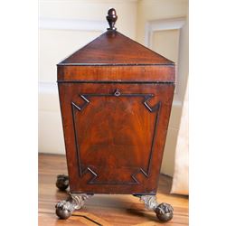 George III mahogany wine cooler or cellarette, the pointed hinged lid with turned final, square tapering body with applied geometric mouldings, on gilt metal and foliate cast ball and claw feet, with metal liner 