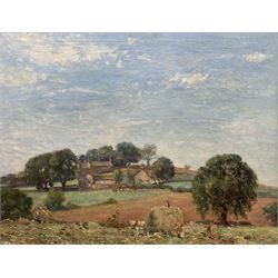 Stanley Royle (British 1888-1961): Harvesting with Cottages Beyond, oil on canvas unsigned...