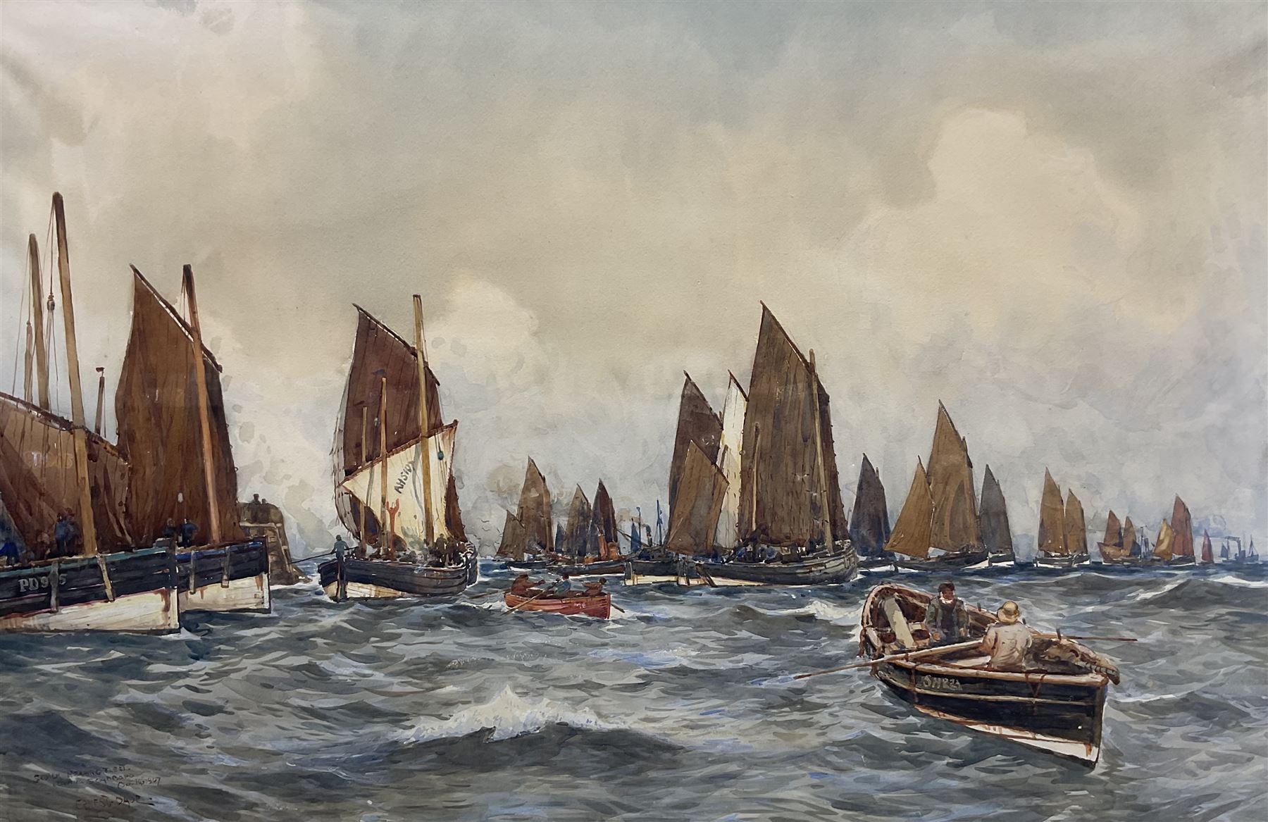 Ernest Dade (Staithes Group 1864-1935): 'Scotch Herring Fleet Leaving Scarborough', watercolour signed titled and dated Oct 14 1907, 49cm x 75cm