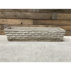 Pair of square cast stone planters, single planter with leaf decoration and a rectangular brick effect planter (4)