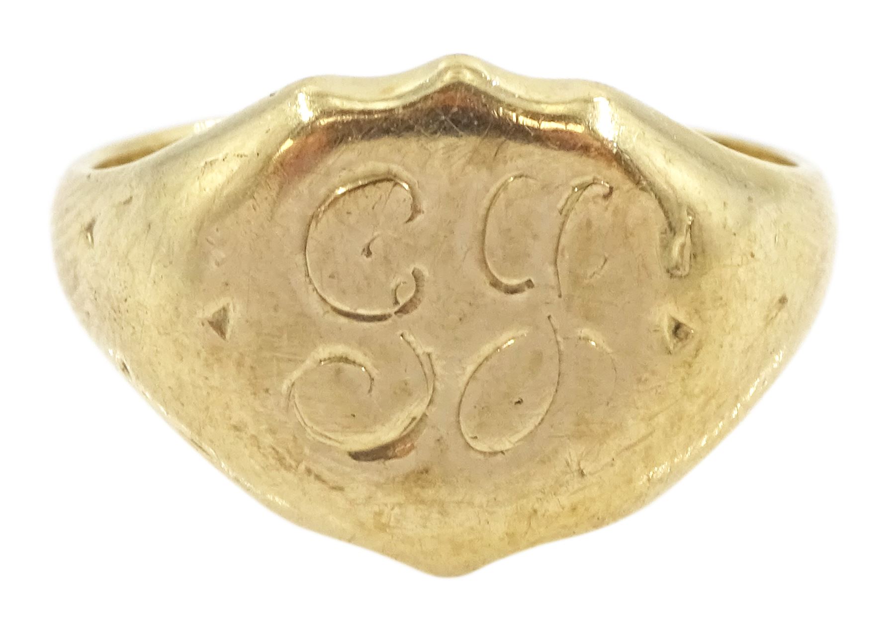 9ct gold shield signet ring, engraved with initials, London1963