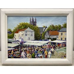 Peter Lapish (British 1937-): 'Helmsley Market Day - From the Top Deck of a Bus', acrylic on board signed, titled verso 19cm x 27cm