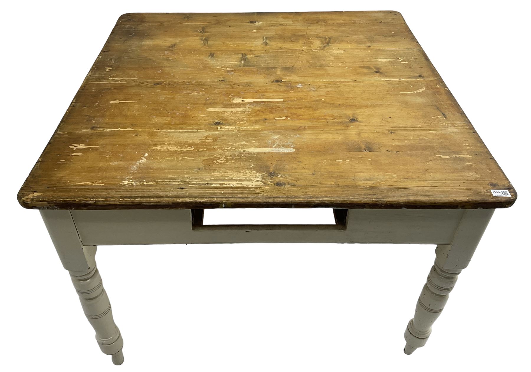 Victorian painted pine kitchen table, polished top on painted base, turned supports