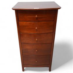 Willis & Gambier tall cherry wood serpentine front pedestal chest, fitted with five drawers, raised on square supports (W64cm D54cm H127cm); matching pair of bedside pedestal chests, fitted with three drawers (W52cm H66cm); and double headboard (W159cm) (4)