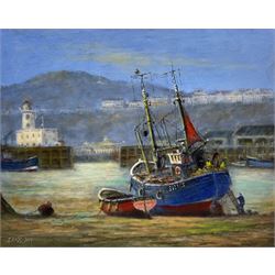 Jack Rigg (British 1927-2023): 'Spring Tide' - Scarborough Harbour, oil on canvas signed and dated 2019, titled verso 41cm x 51cm (unframed)