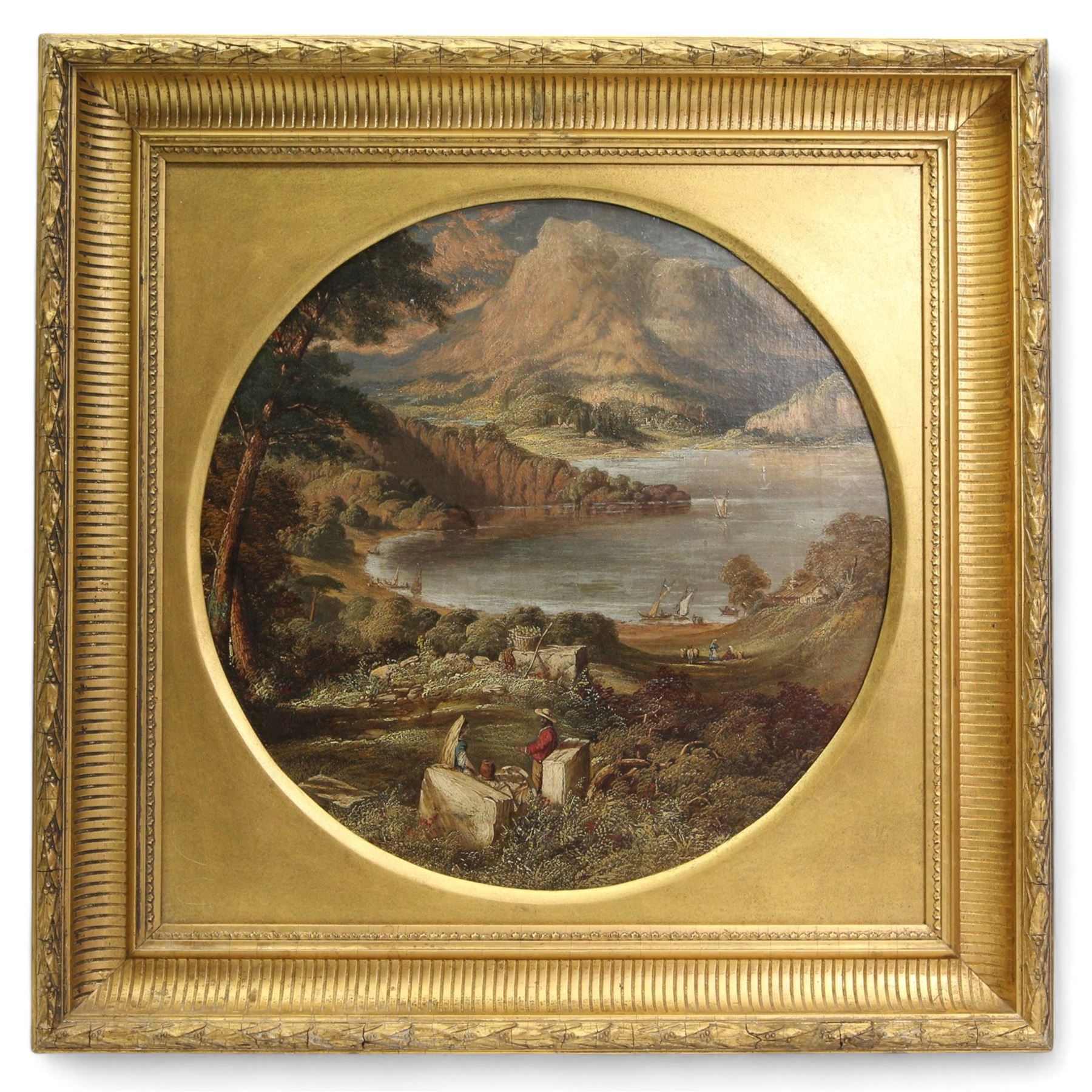 Thomas Crawshaw (British Mid-19th century): 'A Scene in Italy', oil on canvas signed and dated 1849, titled on label verso, in ornate 19th century gilt and gesso frame with circular mount 39cm x 39cm, overall 58cm x 58cm