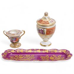 Early 19th century Spode pastille burner, of twin handled urn form, the body hand painted ...