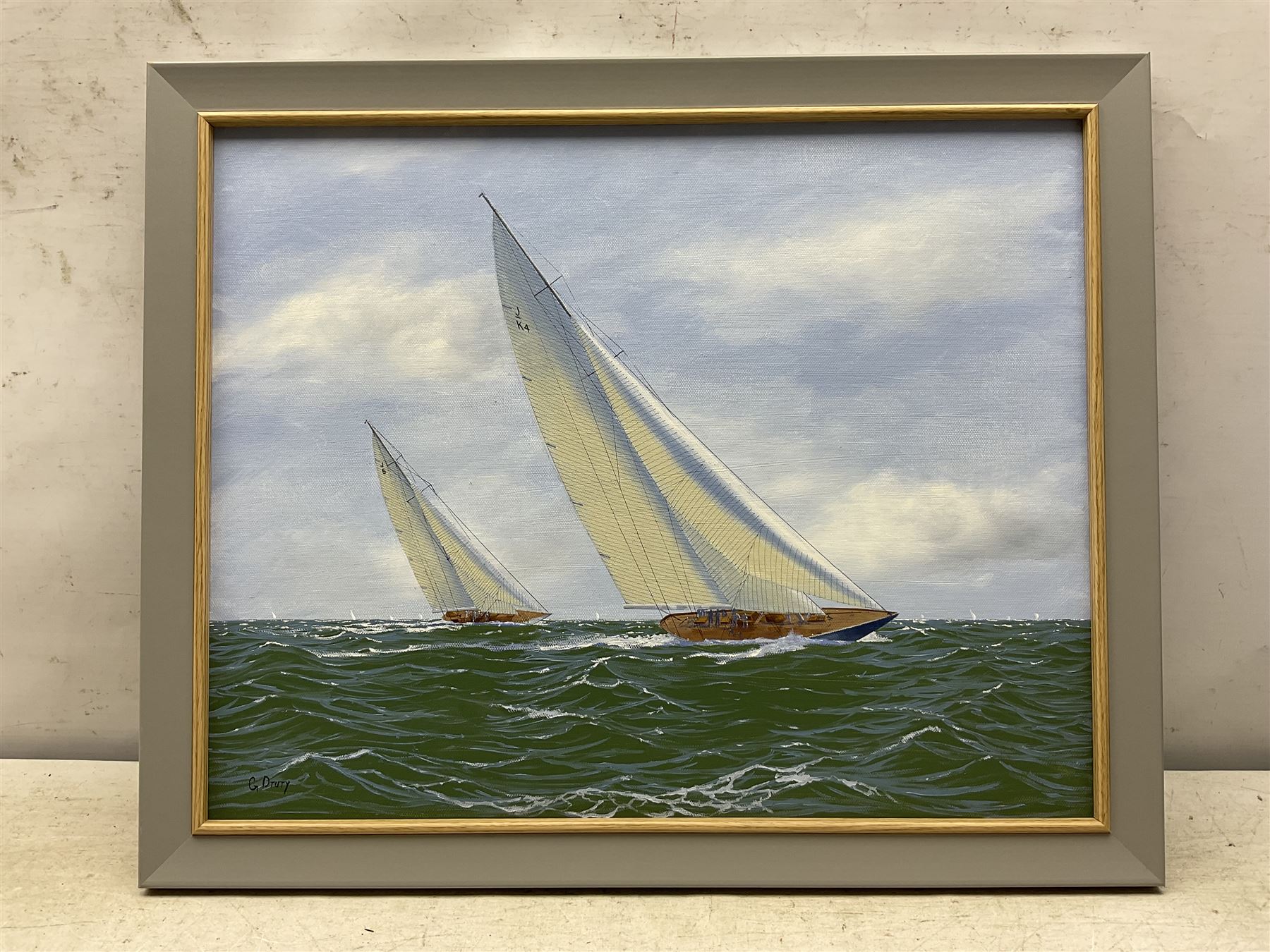 George Drury (British 1950-): 'Endeavor Leads Rainbow - America's Cup 1934', oil on canvas board signed, titled verso 39cm x 49cm 