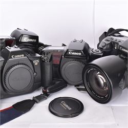 Five Canon EOS cameras, comprising EOS 100 camera body, serial no. GR-70, EOS RT camera body, serial no. 2539432, EOS 350D, serial no. 1330744265, with a Canon EF-S 18-55mm 1:3.5-5.6 II zoom lens, serial no. 1230500053, EOS 10 camera body, serial no. 1274983, and an EOS 10D camera serial no. 1430501397, with a Canon Ultrasonic 72mm EF 28-135mm 1:3.5-5.6 IS zoom lens, serial no. 3402517E