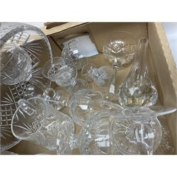 Cut crystal and glassware, including Stuart Crystal mushroom decanter, Elizabeth crystal vase, drinking glasses, tumblers, etc, in four boxes