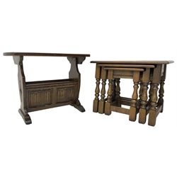 Old Charm - oak nest of three tables (W61cm, D33cm, H45cm); magazine table with carved linenfold detail (W66cm, D36cm, H51cm) (2)