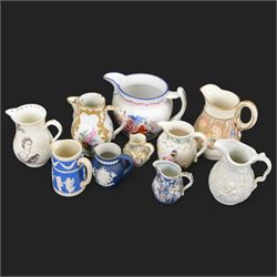 19th century and later ceramic jugs, including small Royal Crown Derby example, painted wi...