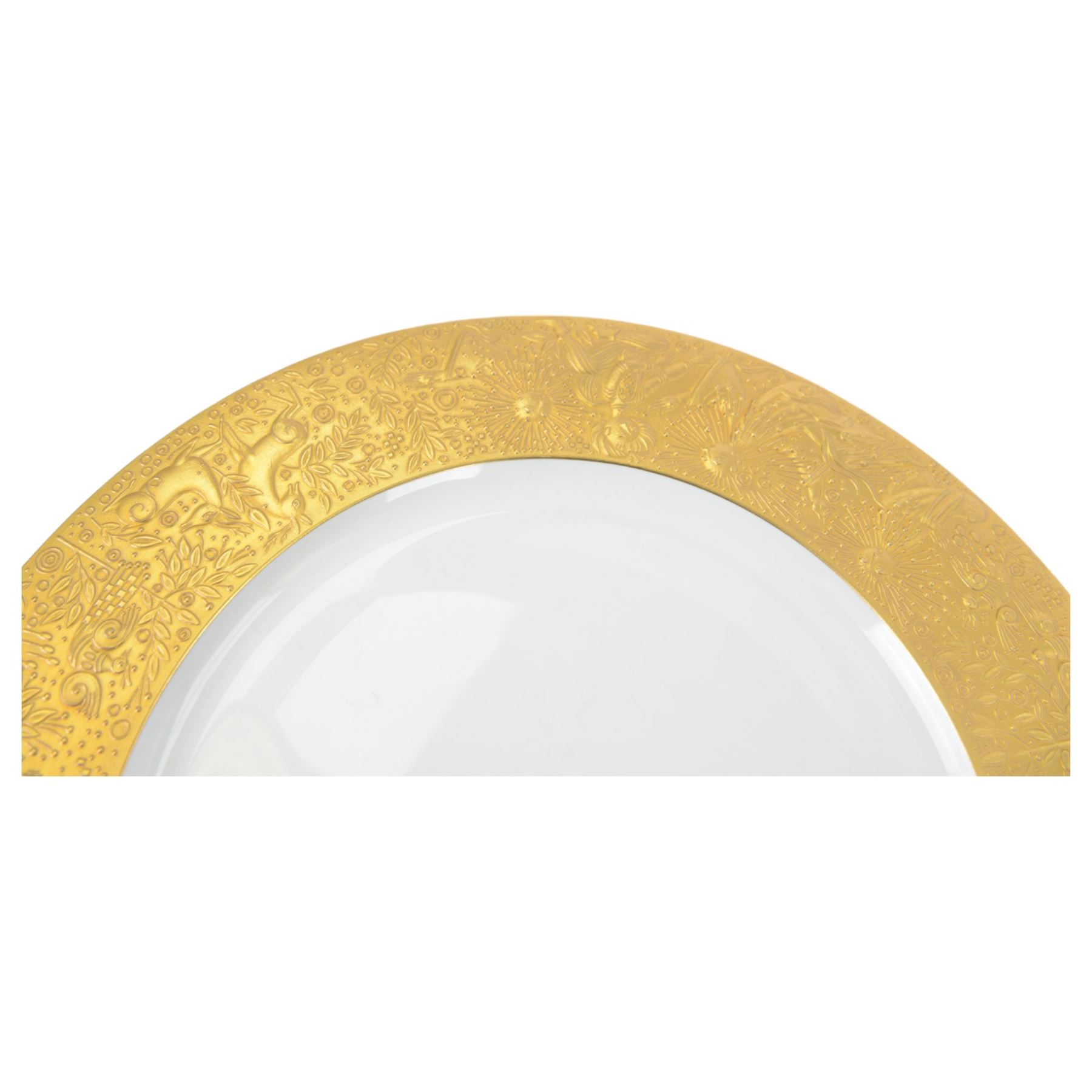 Rosenthal Die Zauberflote pattern dinner plate, designed by Von Bjorn Wiinblad, of circular form the gilt rim decorated in relief with stylised scene's from the Mozart opera,with opera reference inscriptions in German in gilt verso, with printed mark beneath, D32cm