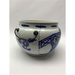Chinese blue and white bowl, probably 18th century, of bulbous form with later mounted twin handles, decorated with figural scenes of Guanyin, with concentric circle mark beneath and label inscribed Kangxi, rim D20cm