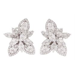 Pair of 18ct white gold marquise cut and round brilliant cut diamond stud earrings, stamped 750, total diamond weight approx 3.20 carat