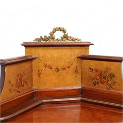 Mid-to-late 20th century mahogany and gilt metal mounted corner cupboard, raised back with floral decoration surmounted by laurel leaf wreath, single hinged drawer decorated with floral festoons, enclosed by single door with Vernis Martin design panel, on out splayed feet with foliate mounts 