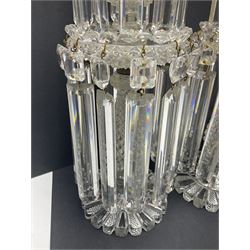 Pair of Victorian clear glass lustres, each with two tiered cut glass bowls supporting cut clear glass lustre drops upon central hobnail cut stem, H29cm