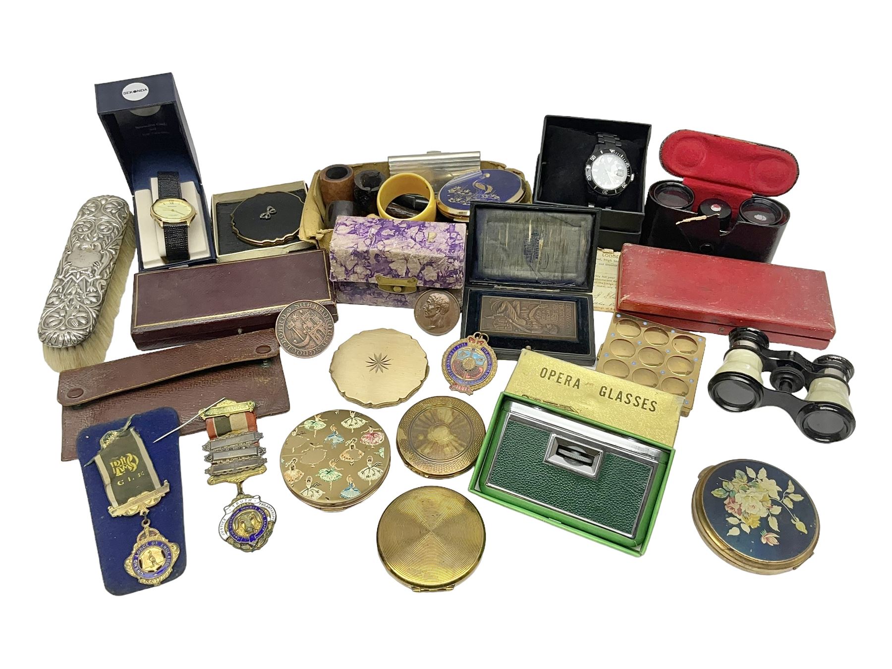 Collection of compact mirrors, including Stratton and Majestic examples, together with four pairs of opera glasses, Masonic jewels, etc