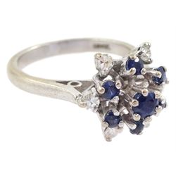 18ct white gold sapphire and single cut diamond cluster ring, stamped