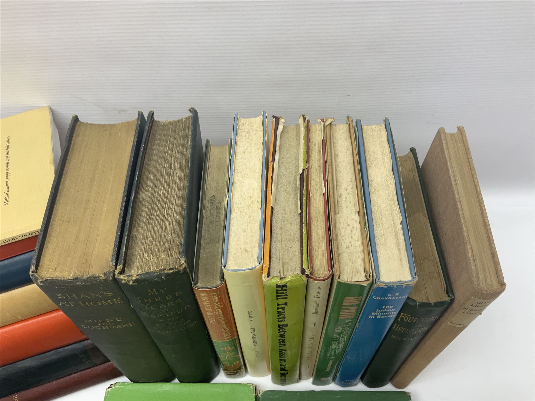 Burma and North East India - twenty books including The Burmese Empire by Father Sangermano. 1893; My Three Years in Manipur by Ethel St. Clair Grimwood. 1892; Shans at Home by Mrs. Leslie Milne. 1910; Four Years in Upper Burma by W.R. Winston. 1892; The Soul of People by H. Fielding. 1898; History of Upper Assam, Upper Burmah and North-Eastern Frontier by L.W. Shakespear. 1914; and fourteen others (20)