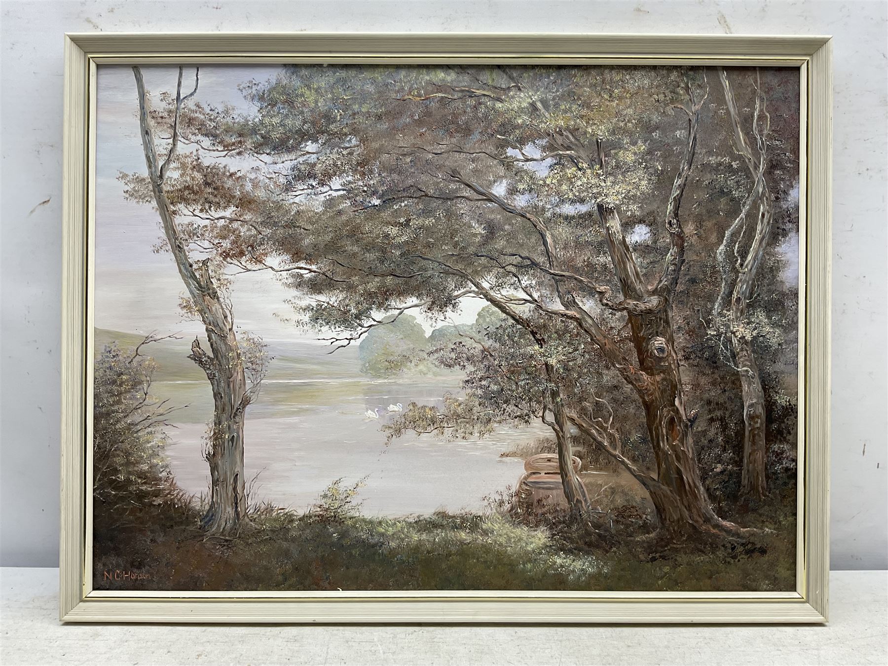 N C Hanson (British 20th century): ‘Picnic on the Esk - Ruswarp’, oil on board signed, titled verso 45cm x 60cm; Barbara Whitmore (Whitby 20th century): 'The Wilson Arms - Sneaton', oil on board signed, titled verso 49cm x 74cm (2)