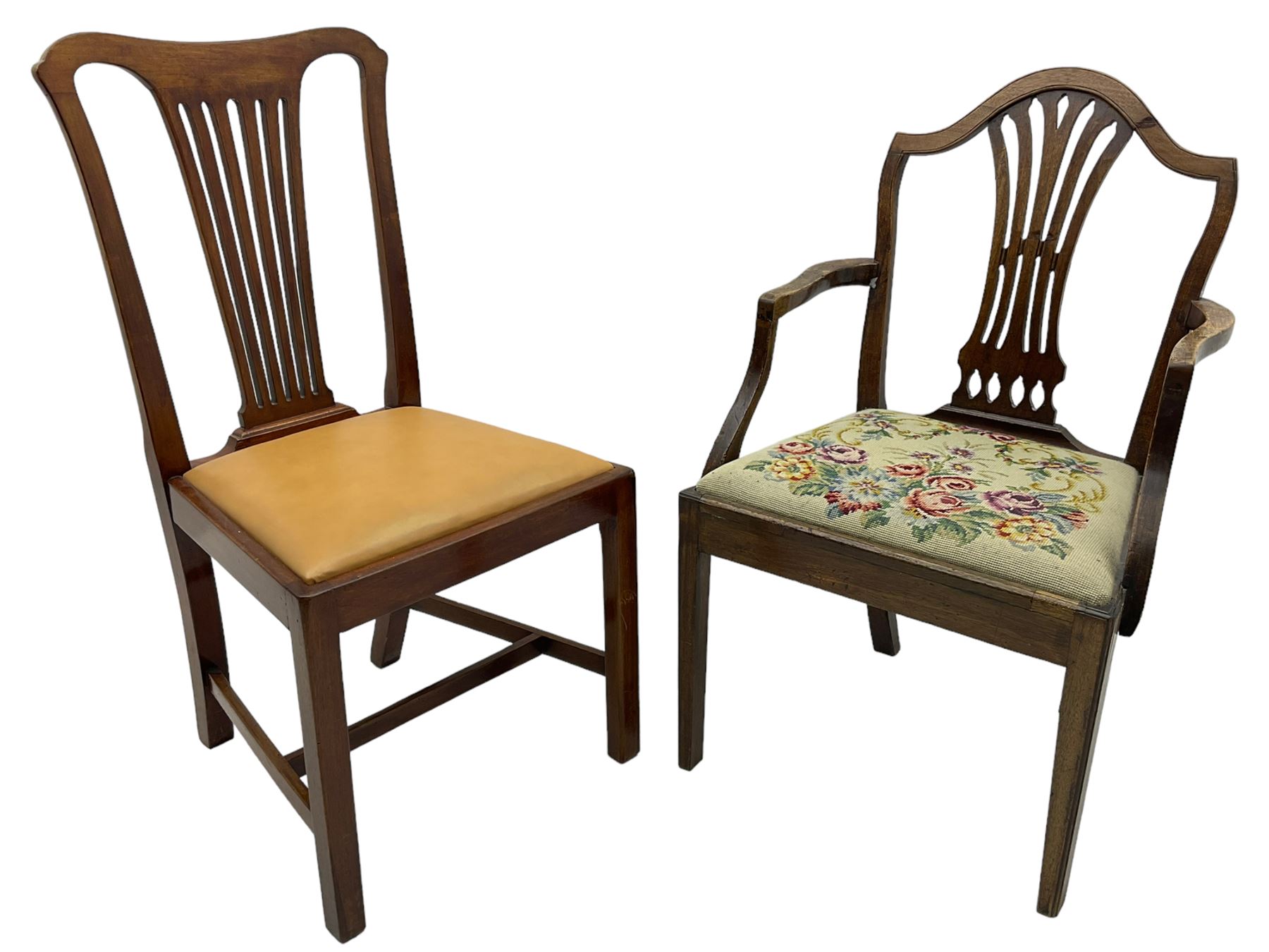 Early 19th century mahogany elbow chair, shaped cresting rail over pierced splat, floral needlework upholstered seat, on square tapering moulded supports (W56); early 20th century mahogany side chair (2)